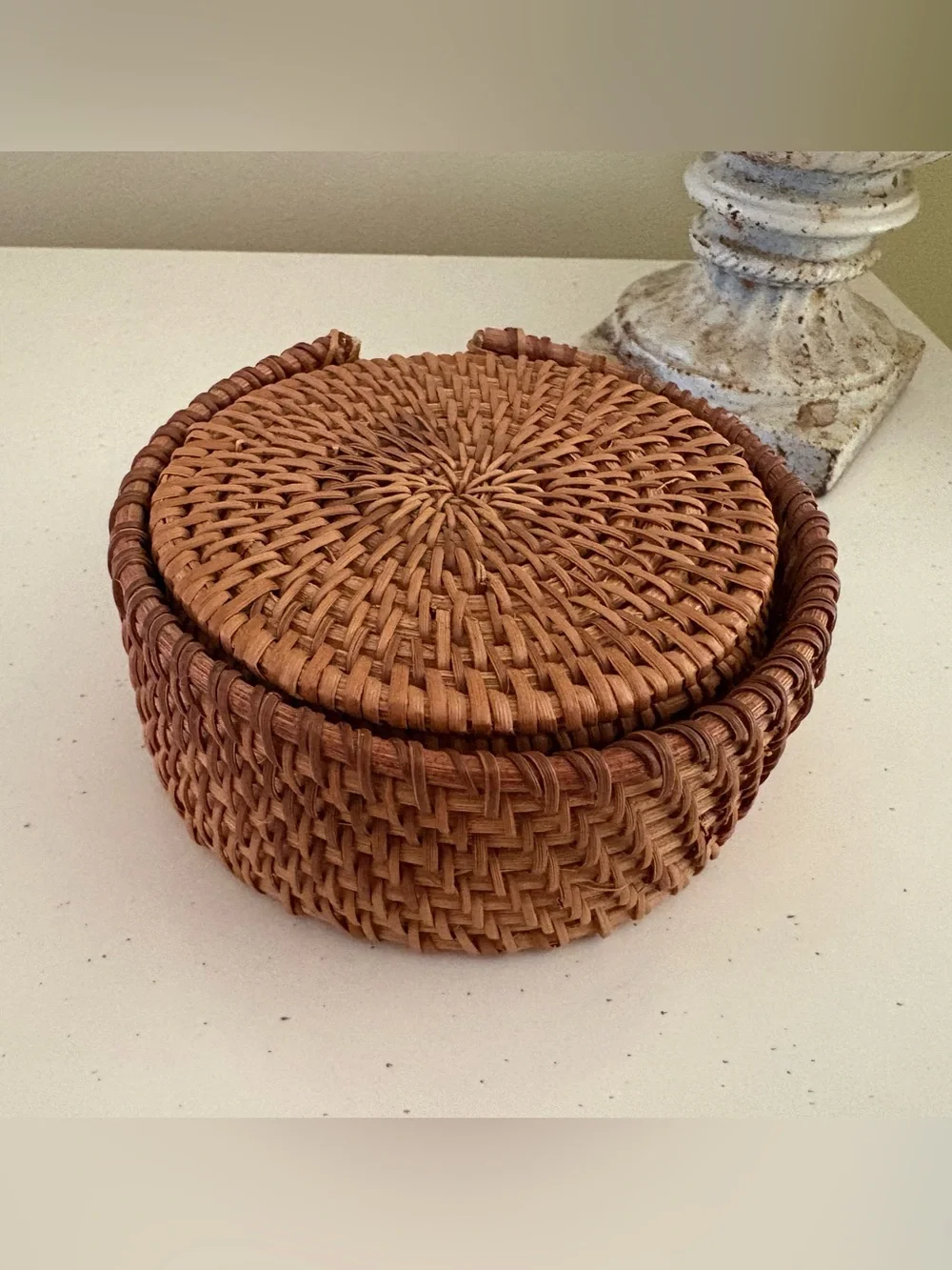 Handwoven Round Rattan Coaster Set - Honey Brown - Picture 2 of 3